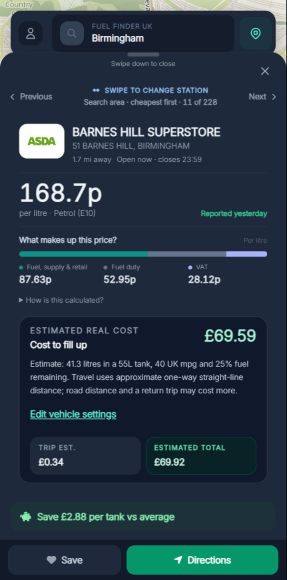 Fuel Finder station details showing a petrol price of 168.7p per litre: 28.12p VAT, 52.95p fuel duty and 87.63p fuel, supply and retail.