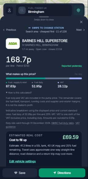 Fuel Finder with How is this calculated expanded, explaining the tax calculation and that the remaining amount is not station profit.