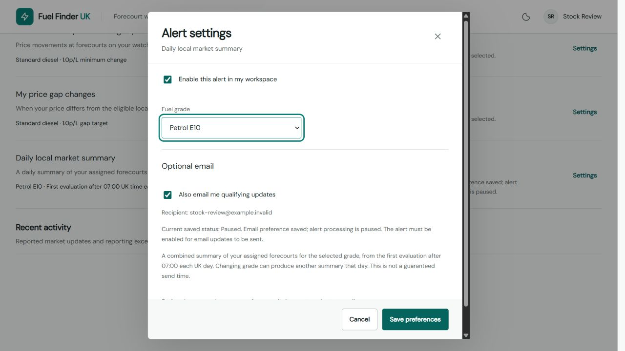 Daily market summary settings with separate workspace alerts and optional email consent