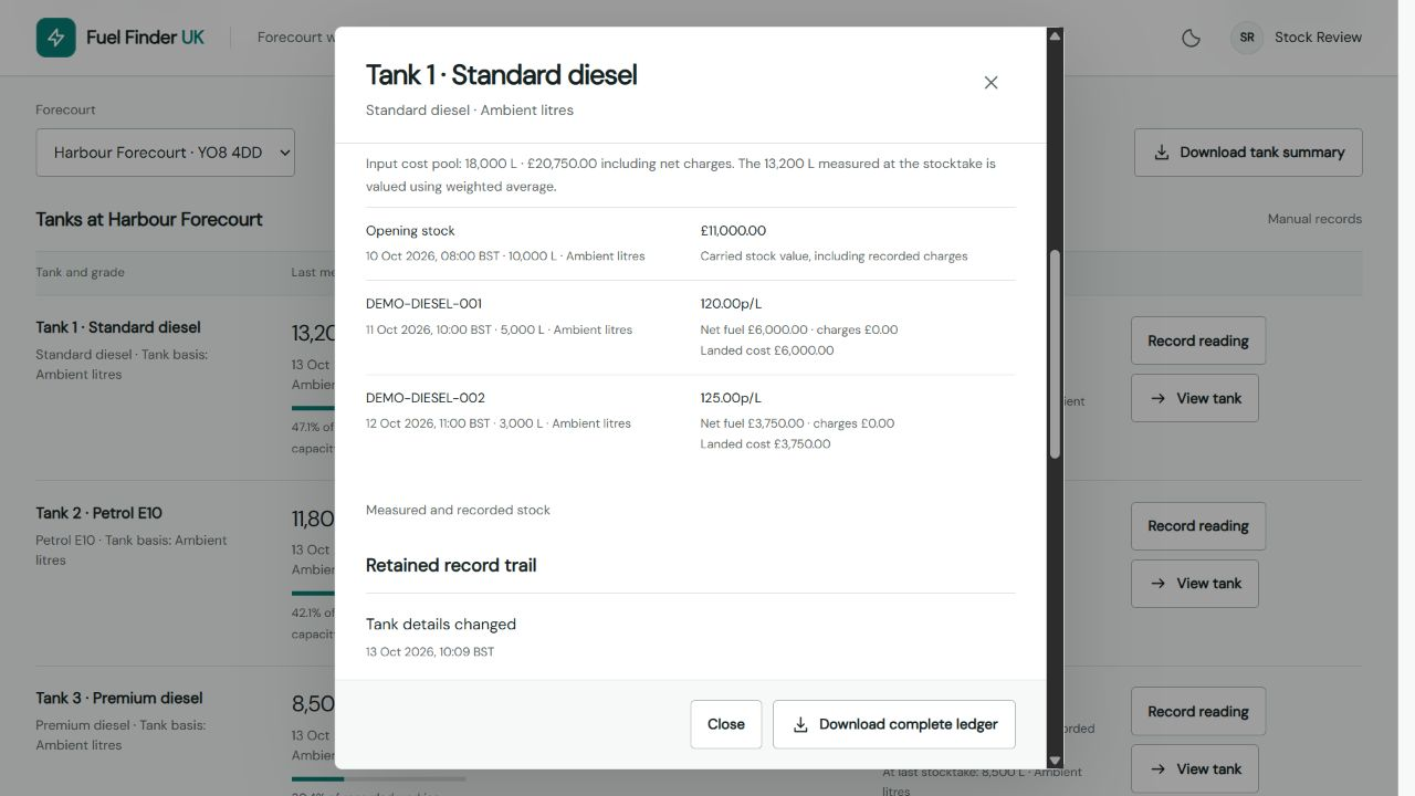 Tank-cost breakdown listing opening stock and two received deliveries at different prices
